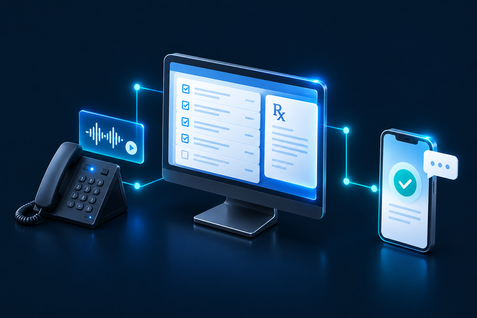 A voicemail phone connects to an EHR workstation and then to a patient's phone with a completed update. The EHR is at the center of the workflow.